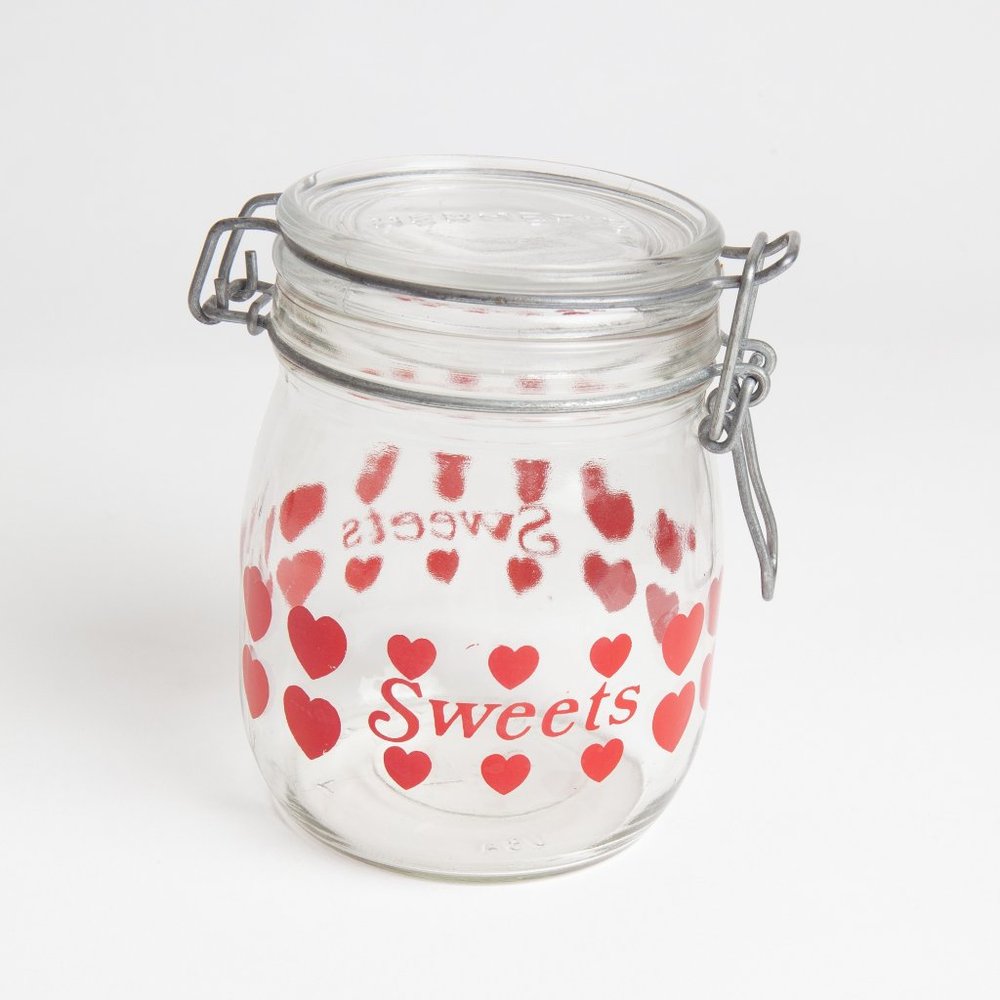 Vintage Hermetic Sweets Candy Stash Jar Hearts Carlton Glass Storage w/ Lid 3/4L